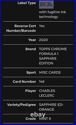 2020 Chrome Sapphire F1 #146 Charles Leclerc #16/25 Orange Refractor 1/1 PSA 9