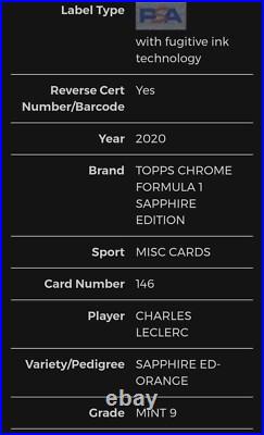 2020 Chrome Sapphire F1 #146 Charles Leclerc Car #16 /25 Orange Refractor PSA 9