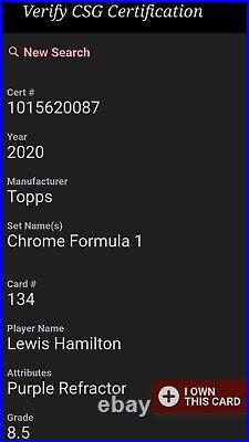 2020 Topps Chrome #134 F1 Lewis Hamilton #/399 Purple Refractor RC CSG 8.5 POP 2