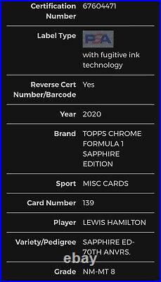 2020 Topps Chrome #139 F1 LEWIS HAMILTON #/70 Sapphire Black Refractor RC PSA 8