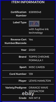2020 Topps Chrome F1 #139 LEWIS HAMILTON #/25 Orange Wave Refractor PSA 8 POP 4