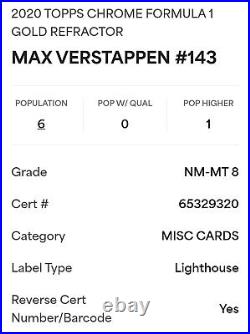2020 Topps Chrome F1 #143 Max Verstappen /50 TRUE Gold Refractor RC Rookie PSA 8