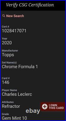 2020 Topps Chrome F1 #146 CHARLES LECLERC Rookie RC Refractor SP CSG 10 GEM MINT