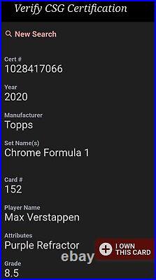 2020 Topps Chrome F1 #158 Max Verstappen Rc /399 Purple Refractor Sp 1st Csg 8.5