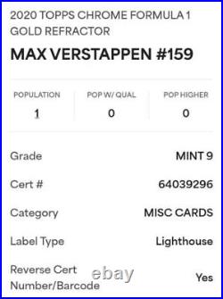 2020 Topps Chrome F1 #159 Max Verstappen #/50 True Gold Refractor Psa 9 Pop 1/1