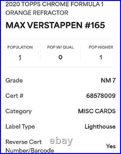 2020 Topps Chrome F1 #165 Max Verstappen /25 Orange Refractor RC PSA 7 POP1 ONE
