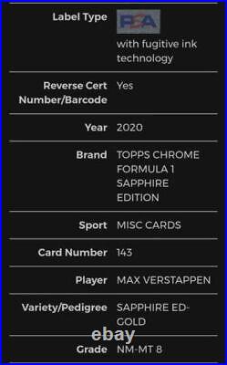 2020 Topps Chrome F1 /50 Sapphire Gold Refractor #143 Max Verstappen RC SP PSA 8