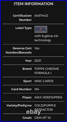 2021 Topps Chrome #154 F1 Gold Purple Refractor Max Verstappen PSA 10 GEM MINT 1