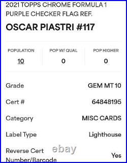 2021 Topps Chrome F1 #117 Oscar Piastri #/199 Purple Checker Refractor Rc Psa 10