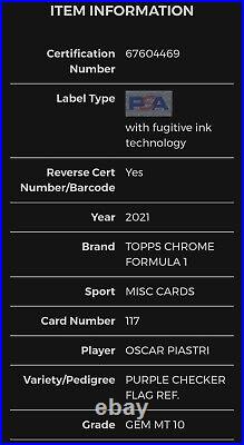 2021 Topps Chrome F1 #117 Oscar Piastri #/199 Purple Checker Refractor Rc Psa 10