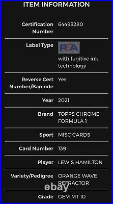 2021 Topps Chrome F1 #139 Lewis Hamilton #/25 Orange Wave Refractor PSA 10 Gem