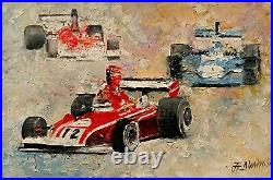 ANDRE DLUHOS FERRARI Race Car Formula 1 Vintage Grand Prix ORIGINAL OIL Painting