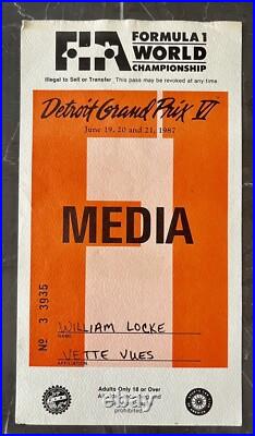 Ayrton Senna #6 & Final Lotus Win-1987 Detroit F1 Grand Prix Pass/Ticket Ayrton Senna #6 & Final Lotus Win-1987 Detroit F1 Grand Prix Pass/Ticket