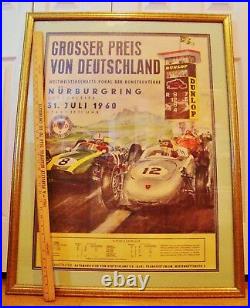 ORIGINAL 1960 GERMAN GRAND PRIX RACE POSTER 30 X 39 Framed PORSCHE Nurburgring