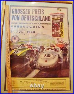 ORIGINAL 1960 GERMAN GRAND PRIX RACE POSTER 30 X 39 Framed PORSCHE Nurburgring