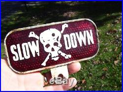 Vintage 50s SLOW DOWN skull death License plate topper auto gm harley indian old