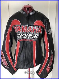 Vintage Yamaha Leather Grand Prix Motorcycle Racing Jacket Black Red Silver